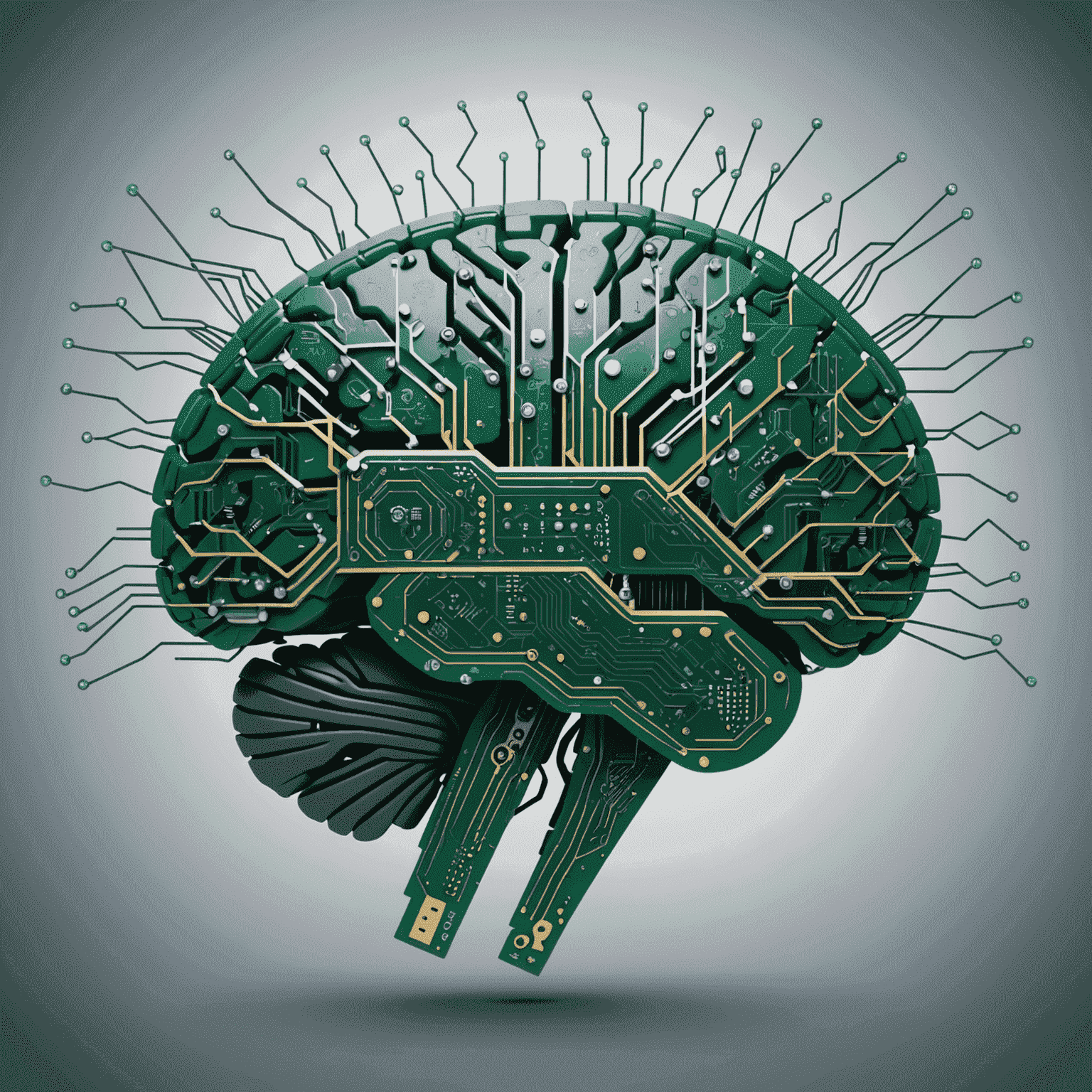 An illustration of a human brain with circuit board elements, representing the fusion of artificial intelligence and human cognition