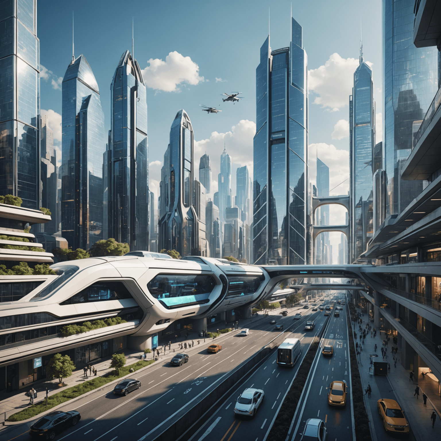 A futuristic cityscape with advanced AI technology integrated into various aspects of life, from transportation to healthcare and beyond