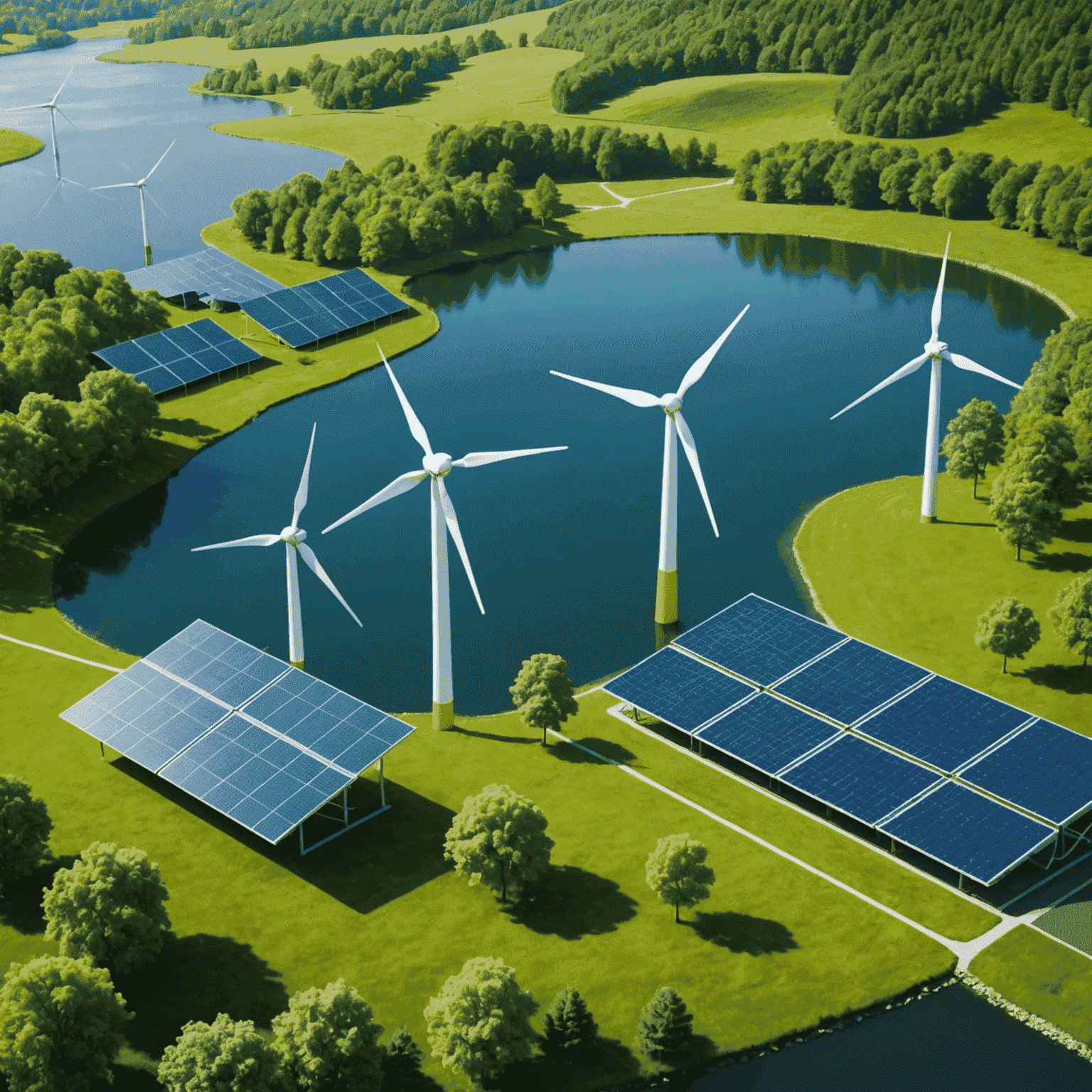 An image showcasing various renewable energy sources, such as solar panels, wind turbines, and hydroelectric dams, set against a backdrop of a clean, green environment